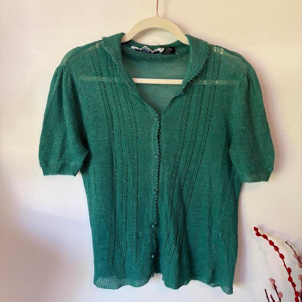 Vintage Contempo Casuals 90s Green Sheer Open Knit Short Sleeve Cardigan Large
